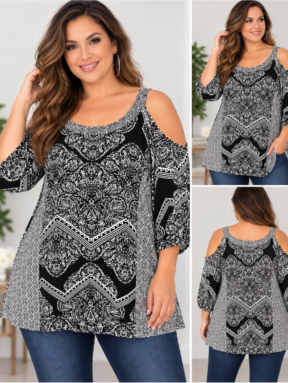 INC International Concepts 16W Black White Paisley Cold Shoulder Tunic Top